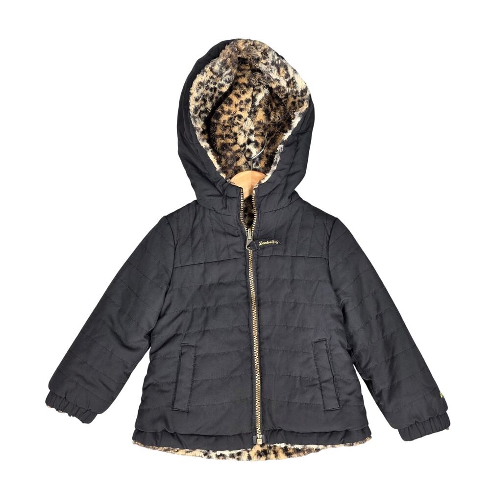 LONDON FOG TODDLER GIRLS 2T WINTER JACKET GRAY LEOPARD FAUX FUR HOODED